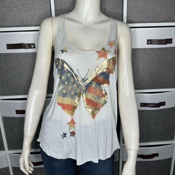 American Rag America Flag Butterfly With Metallic Gold Details Racerback Tank Si - Picture 1 of 11